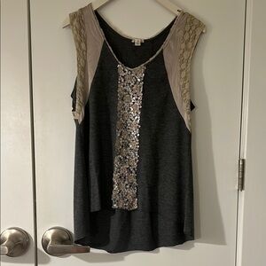 Anthropologie Charcoal Tank with Sequin and Lace